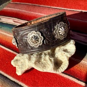 Leather cuff, sterling conchos, up to 6 1/4”” wrist